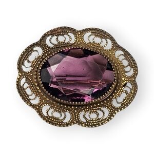 Antique Edwardian Millegrain Brooch Amethyst Purple Glass Filigree Gold Gilt Vtg